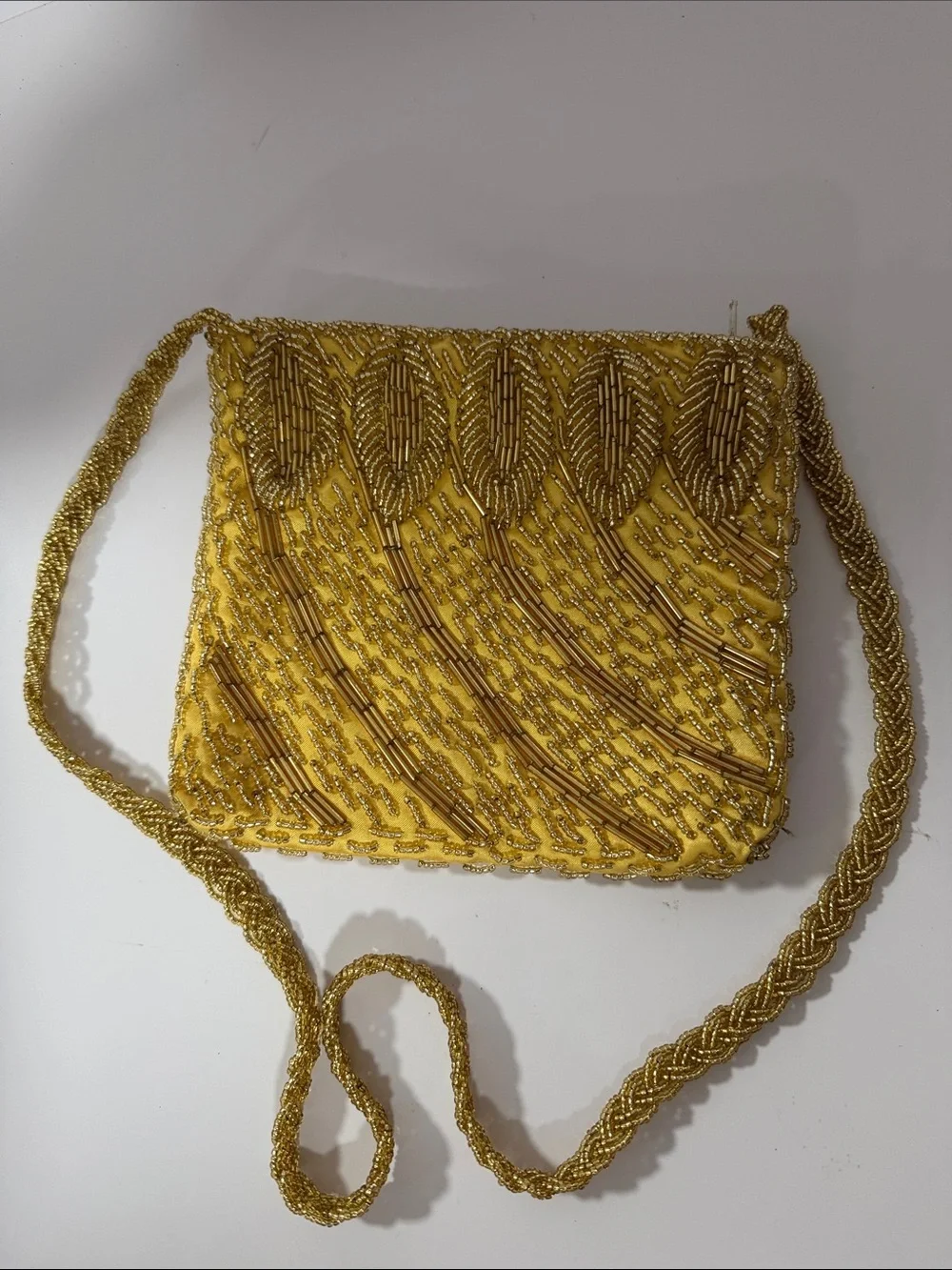 Vintage Yellow/Gold Beaded Crossbody Bag - Elegant Evening Purse